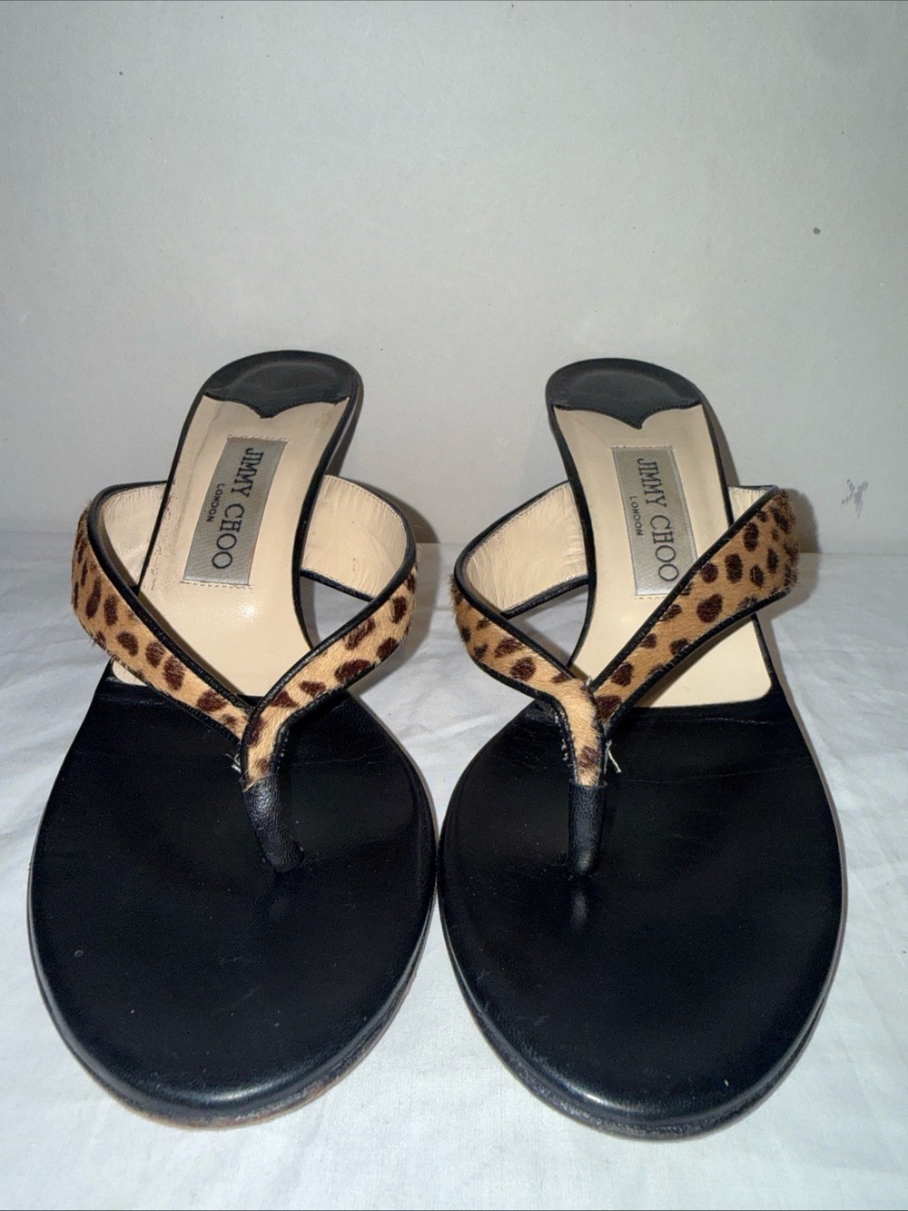 High Heels Jimmy Choo Black Leather Thong Sandals with Leopard-Print Straps